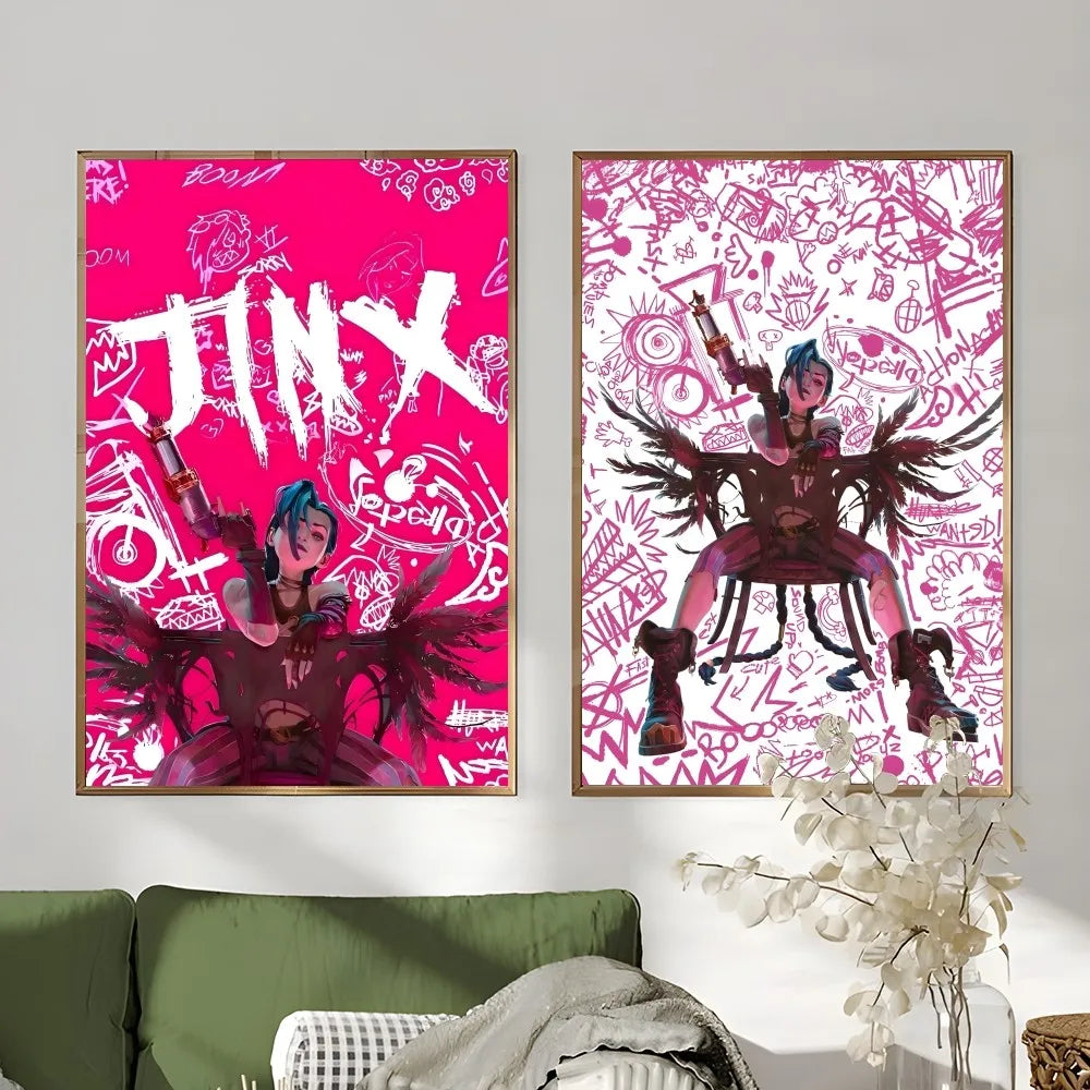 Cartoon Anime Game Arcane J-Jinx Main Art Poster Sticky Wall Art Printing Waterproof Home Living Bed Room Bar Aesthetic Decor