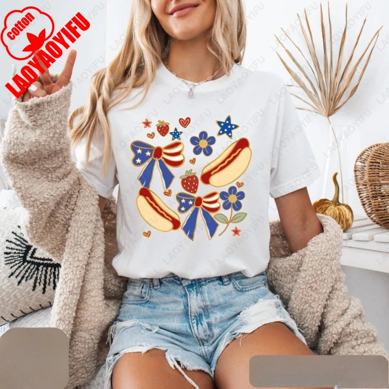 Patriotic Hot Dog 4th of July Tshirt Funny Independence Clothes Day Bow Strawberry Flower Star Pattern Tee Women Wen Cotton Tops