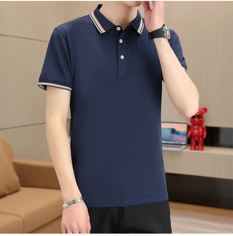 2025 Summer Casual Super Stretch Polo T-Shirt Men Turn Down Collar Slim Fit Solid Color Golf Top For Men Plus Size 4XL