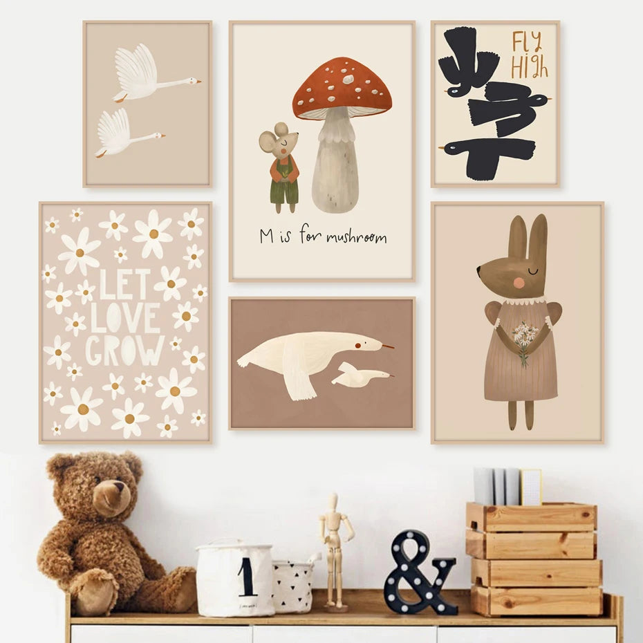 Boho Cartoon Rabbit Mouse Goose Nursery Wall Art Canvas Painting Nordic Retro Poster Prints Wall Picture Baby Kids Room Decor