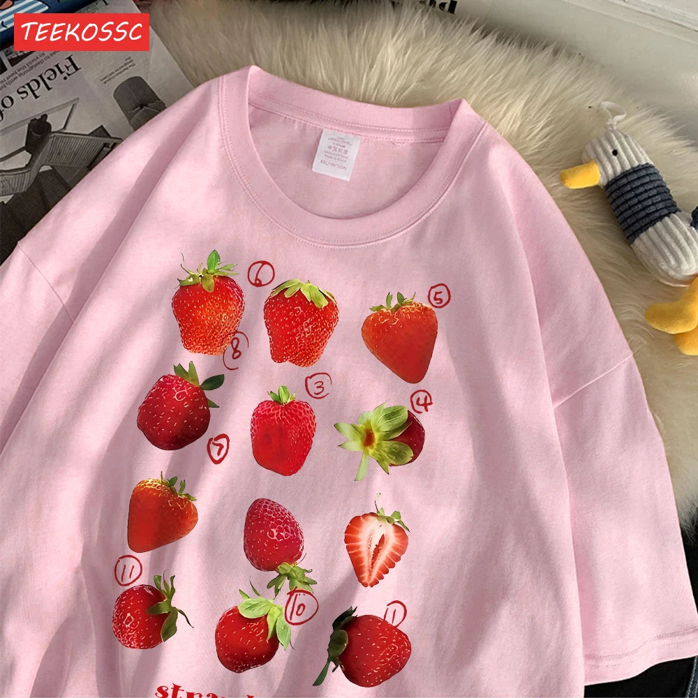 100% Cotton Women T-shirt Cute Fresh Strawberries Printed Tee Shirt Summer Comfortable Loose Tops Street Fashion Female Clothes