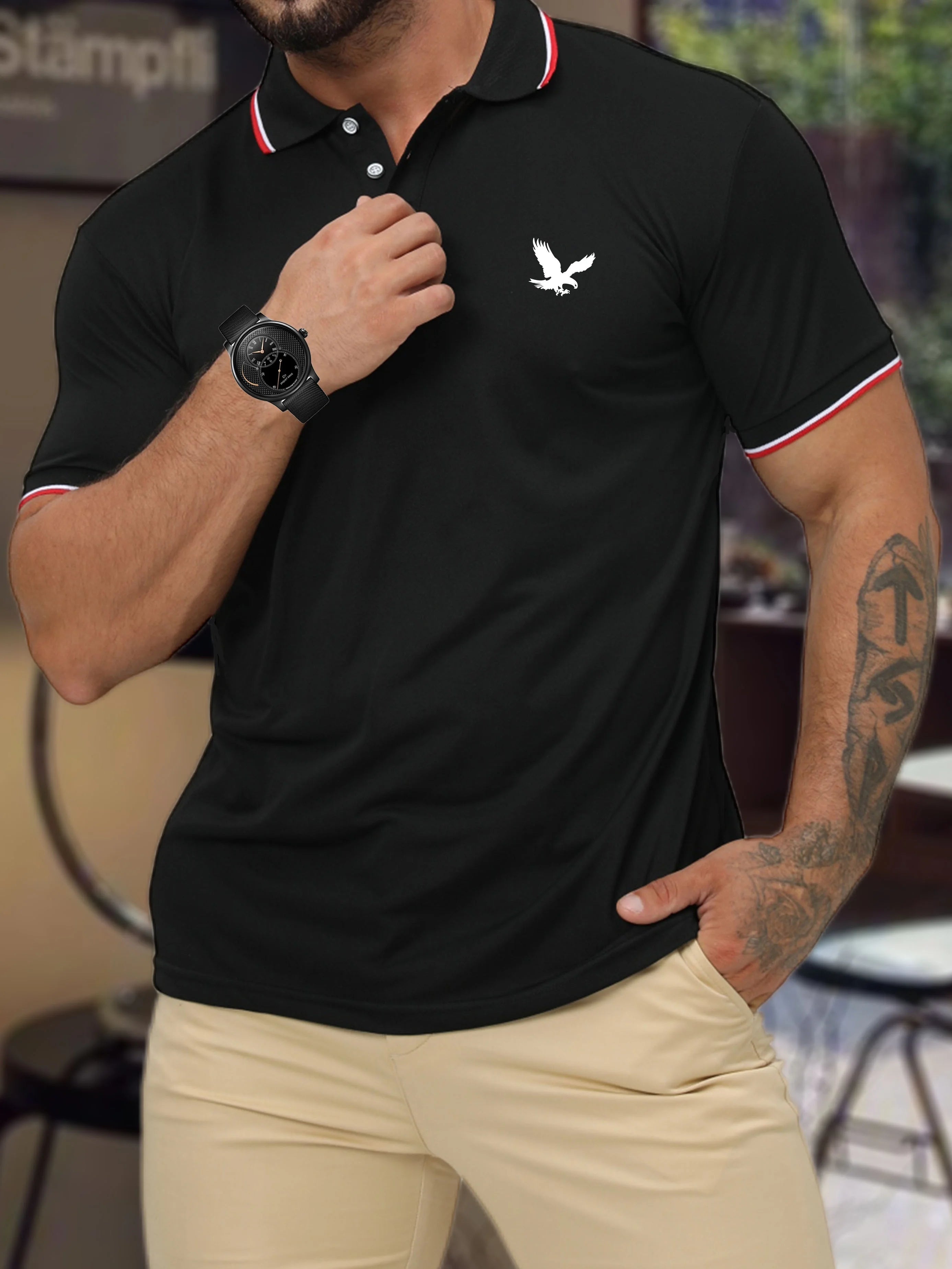 Men's Summer 100 Cotton Eagle Pattern Print Loose Large Casual Polo Collar Short Sleeve POLO Shirt Top