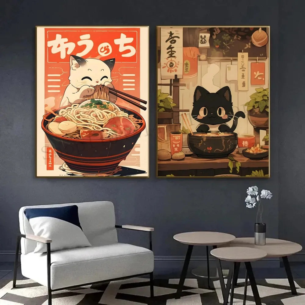 1pc Hot Style Kawaii Japanese Ramen Animal Cat Poster HD Posters Home Room Bar Cafe Decor Art Wall Painting Picture