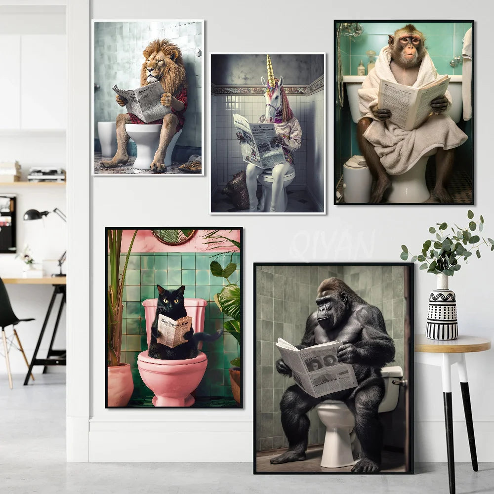 Funny Bathroom Humorous Animal Poster Self-adhesive Art Waterproof Paper Sticker Coffee House Bar Room Wall Decor