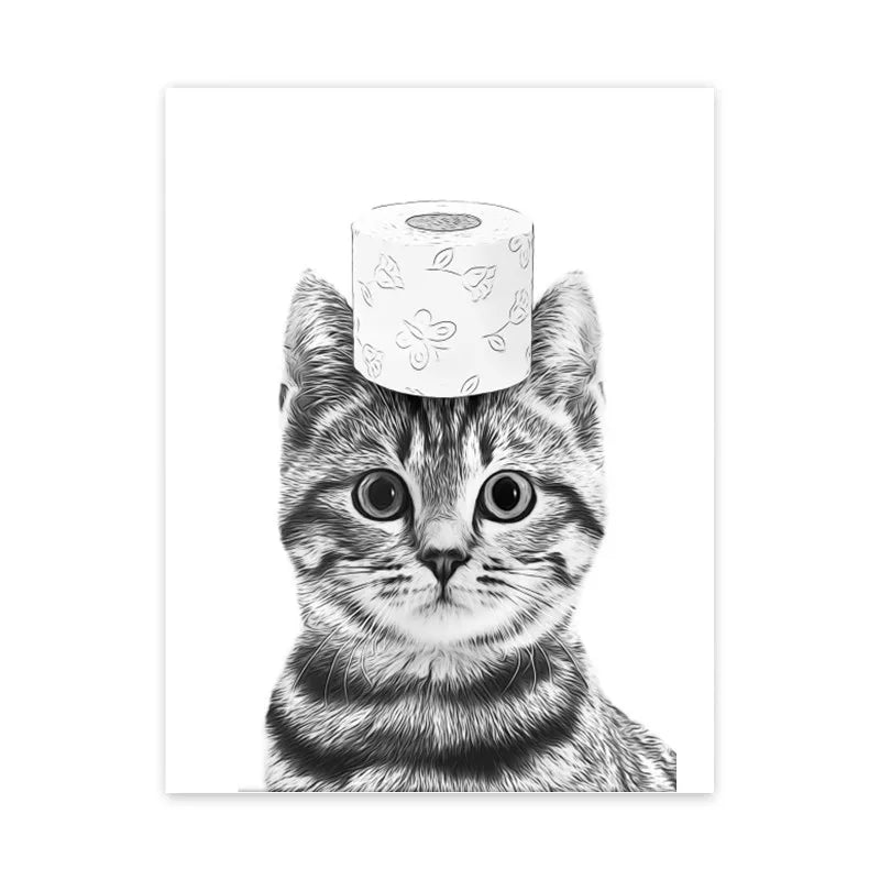 Funny Canvas Poster Cat Giraffe Dog Elephant Toilet Paper Bathtub Funny Bathroom Poster Wall Art Shower Room Home Decoration