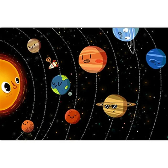 Solar System Educational Poster for Kids Cartoon Planets Canvas Wall Art for Classroom and Childrens Room Decor