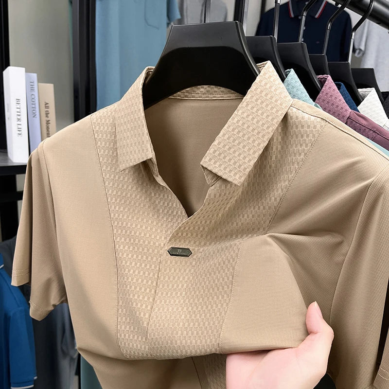 Personality jacquard splicing short sleeve Polo shirt men ice silk breathable high quality fashionable buttonless V-neck T-shirt