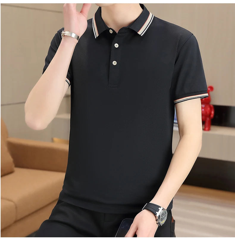 2025 Summer Casual Super Stretch Polo T-Shirt Men Turn Down Collar Slim Fit Solid Color Golf Top For Men Plus Size 4XL