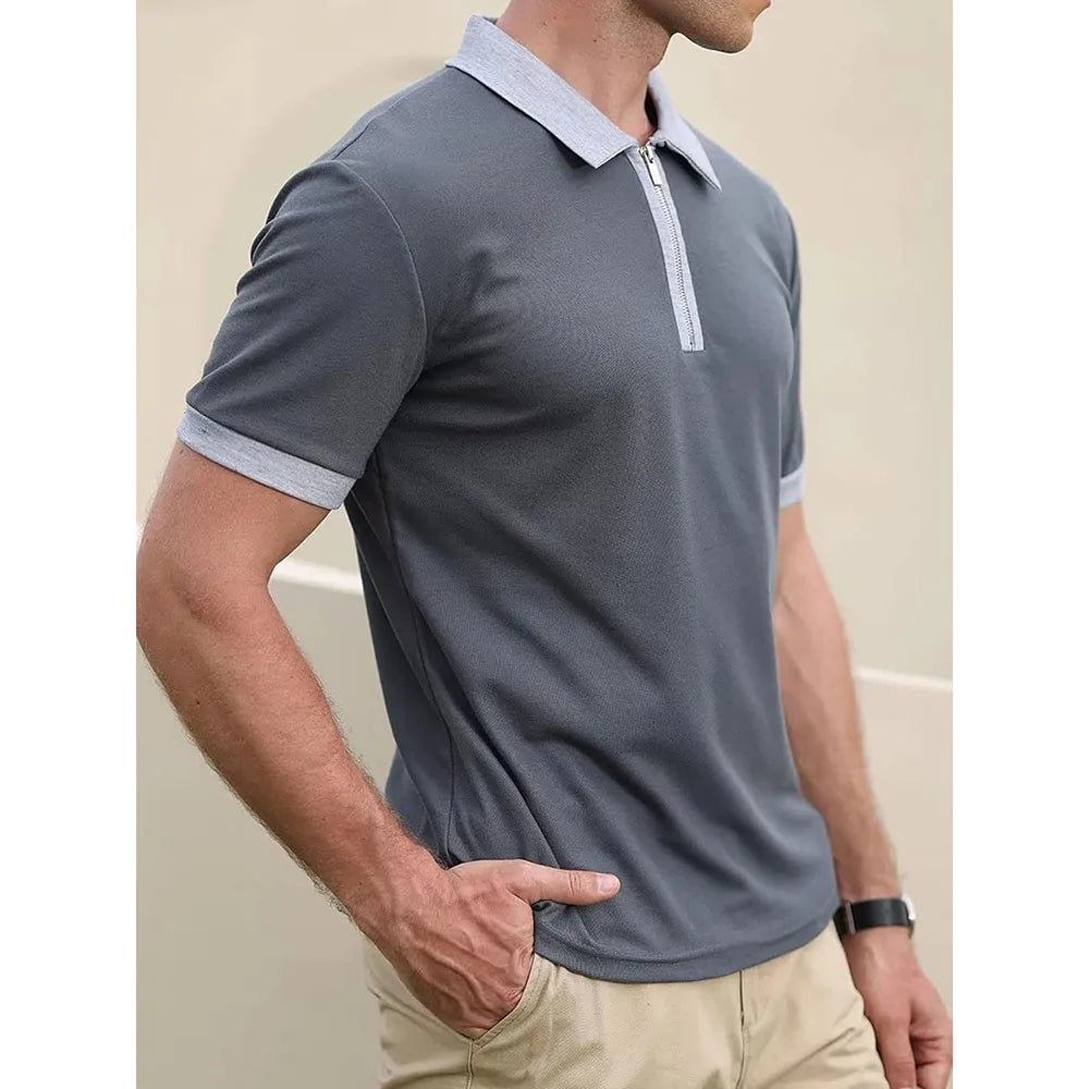 Summer Men's Polo Shirt Contrast Color Half Zipper Turn-down Collar Breathable Short Sleeve Tops Male Casual T-shirts