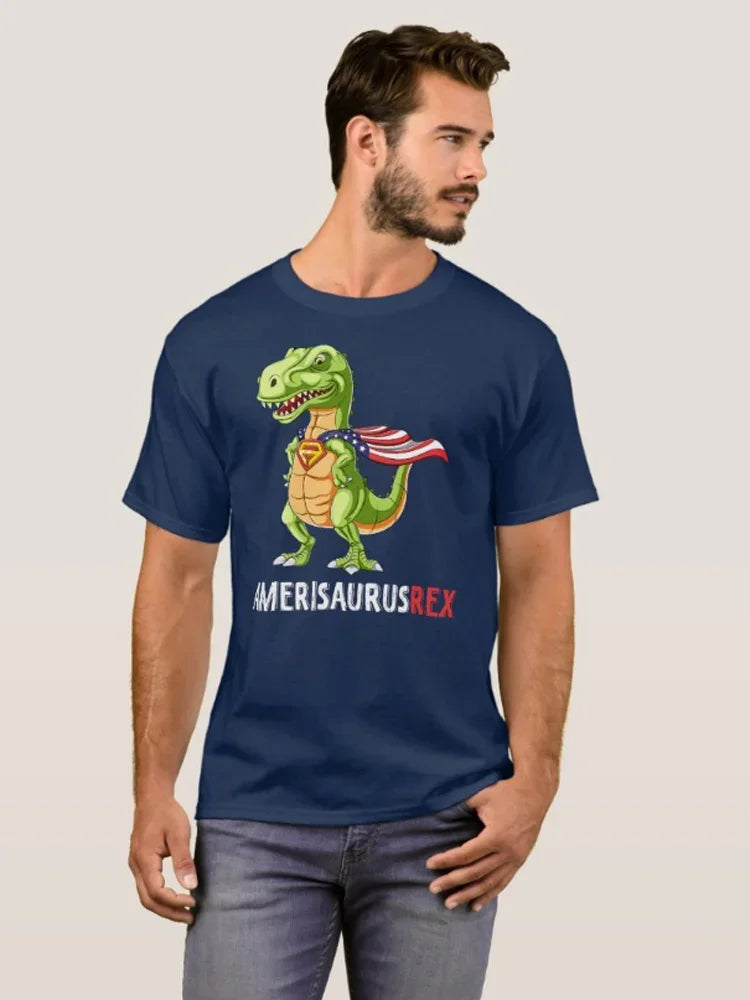 Dinosaur 4th of July Amerisaurus T Rex T-Shirt 100% Cotton O-Neck Summer Short Sleeve Casual Mens T-shirt Size S-3XL