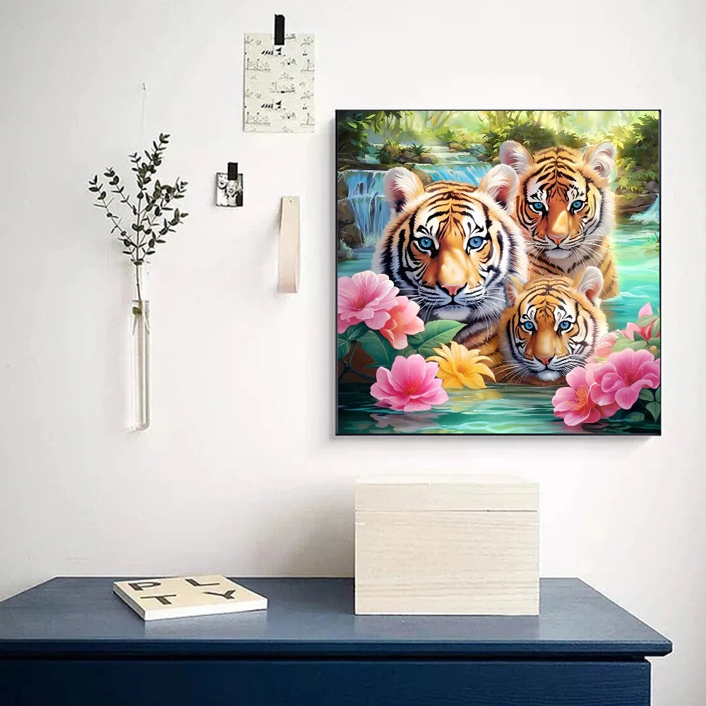 HUACAN Full Square Round Diamond Mosaic Tiger Cross Stitch Painting Animal Embroidery New Arrival Rhinestones Wall Decor