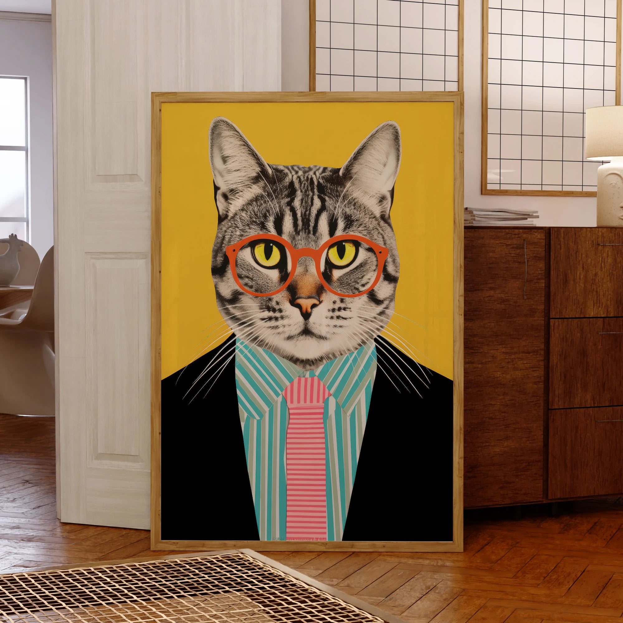 Modern Yellow Funny Cat Suit Dancing Glasses Cool Animal Wall Art Prints Canvas Painting Poster Picture Living Room Home Decor