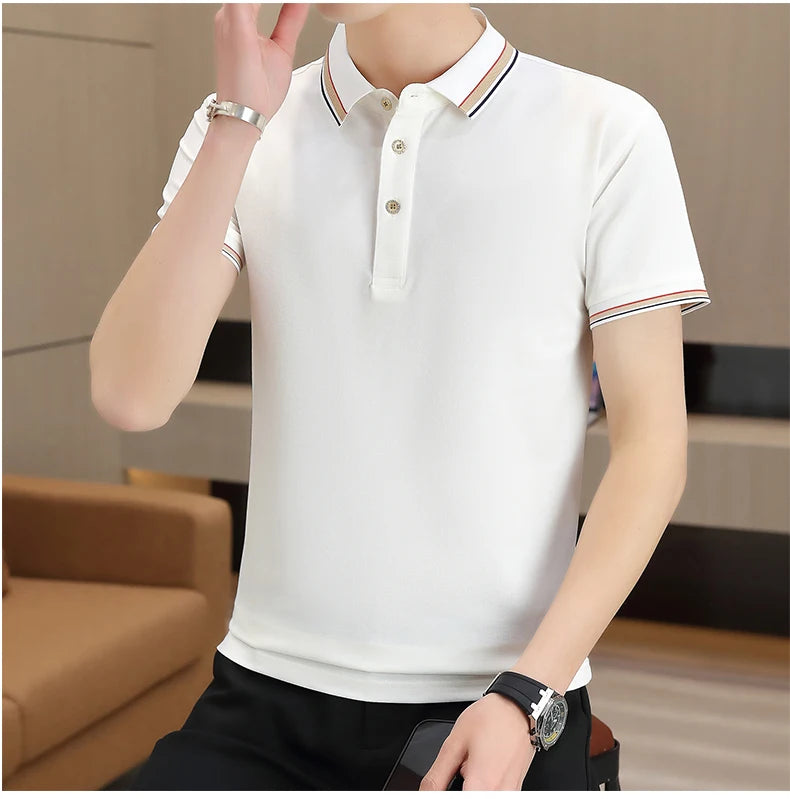 2025 Summer Casual Super Stretch Polo T-Shirt Men Turn Down Collar Slim Fit Solid Color Golf Top For Men Plus Size 4XL