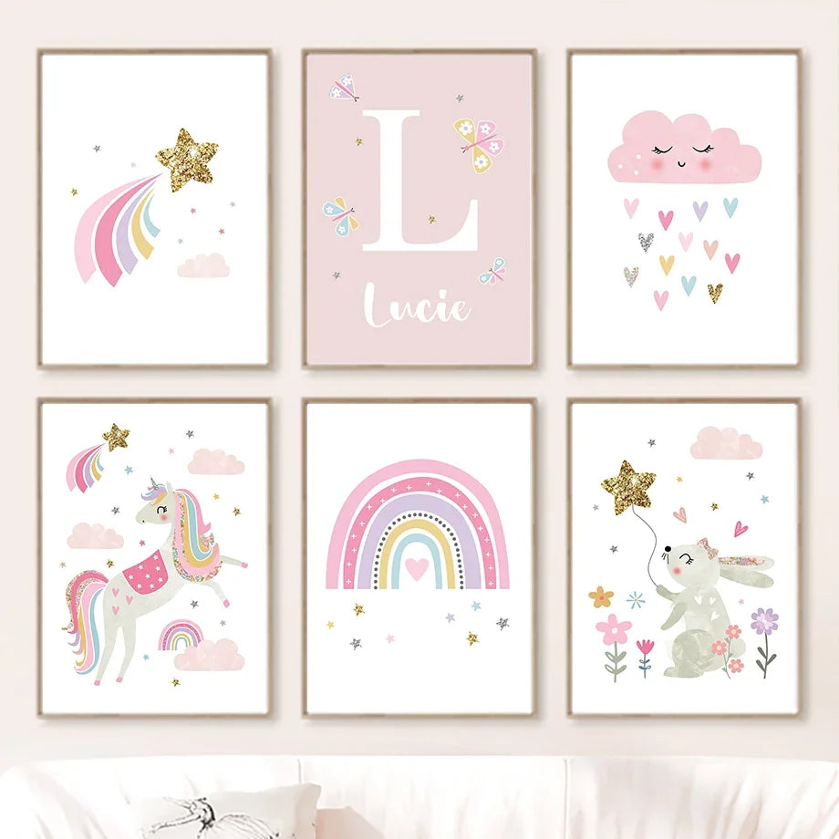 Pink Unicorn Rabbit Rainbow Cloud Flower Nursery Wall Art Canvas Painting Posters And Prints Wall Pictures Baby Kids Room Decor