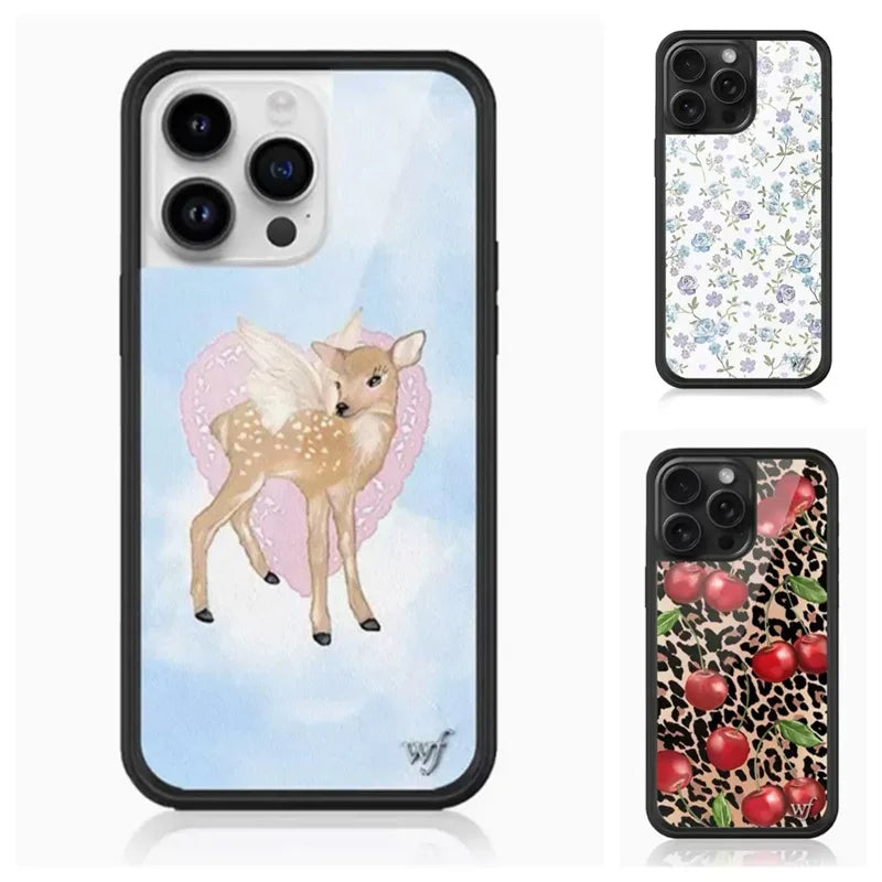 Fashion Wildflower Cartoon Swans Phone Case for iPhone 13 Pro 14 pro 15 Max 16 pro max 12 Cute Puppy WF Deer Cherry Protection