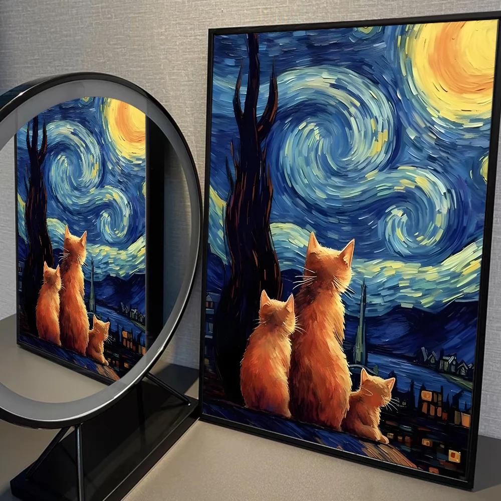 Van Gogh The Starry Night Romantic Black Cat WhitePaper Poster Sticker for Living Room Bar Decorants Aesthetic Art Wall Painting
