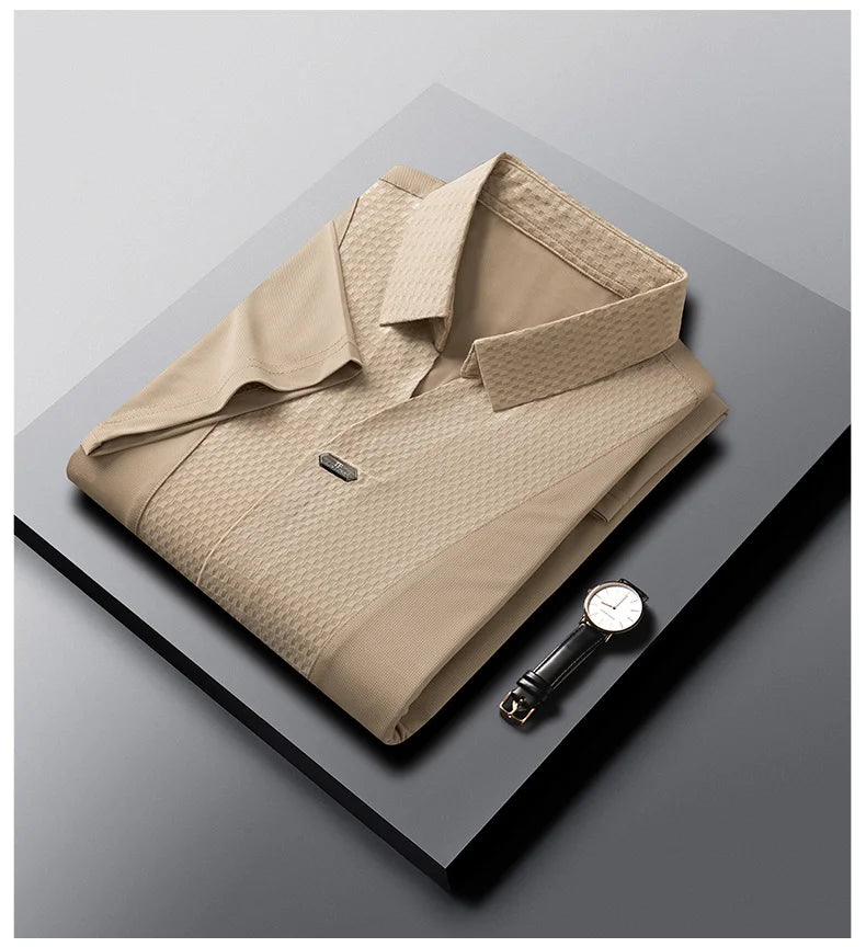 Personality jacquard splicing short sleeve Polo shirt men ice silk breathable high quality fashionable buttonless V-neck T-shirt