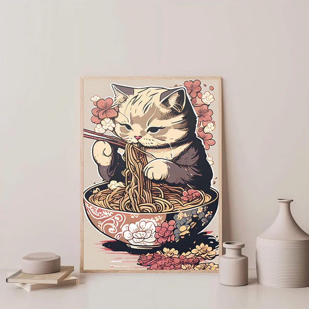 1pc Hot Style Kawaii Japanese Ramen Animal Cat Poster HD Posters Home Room Bar Cafe Decor Art Wall Painting Picture