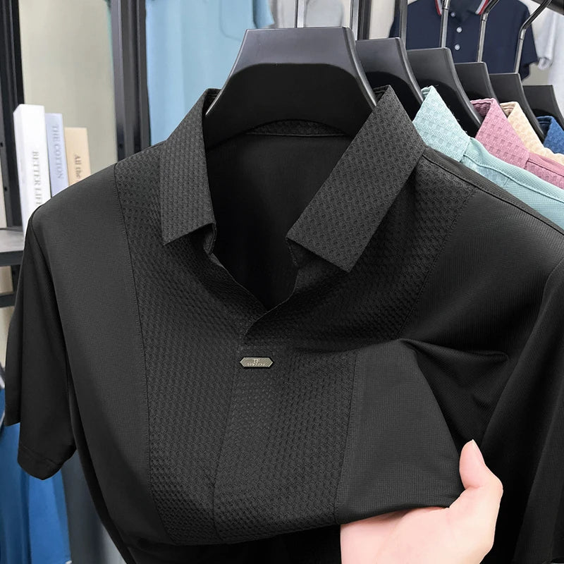 Personality jacquard splicing short sleeve Polo shirt men ice silk breathable high quality fashionable buttonless V-neck T-shirt