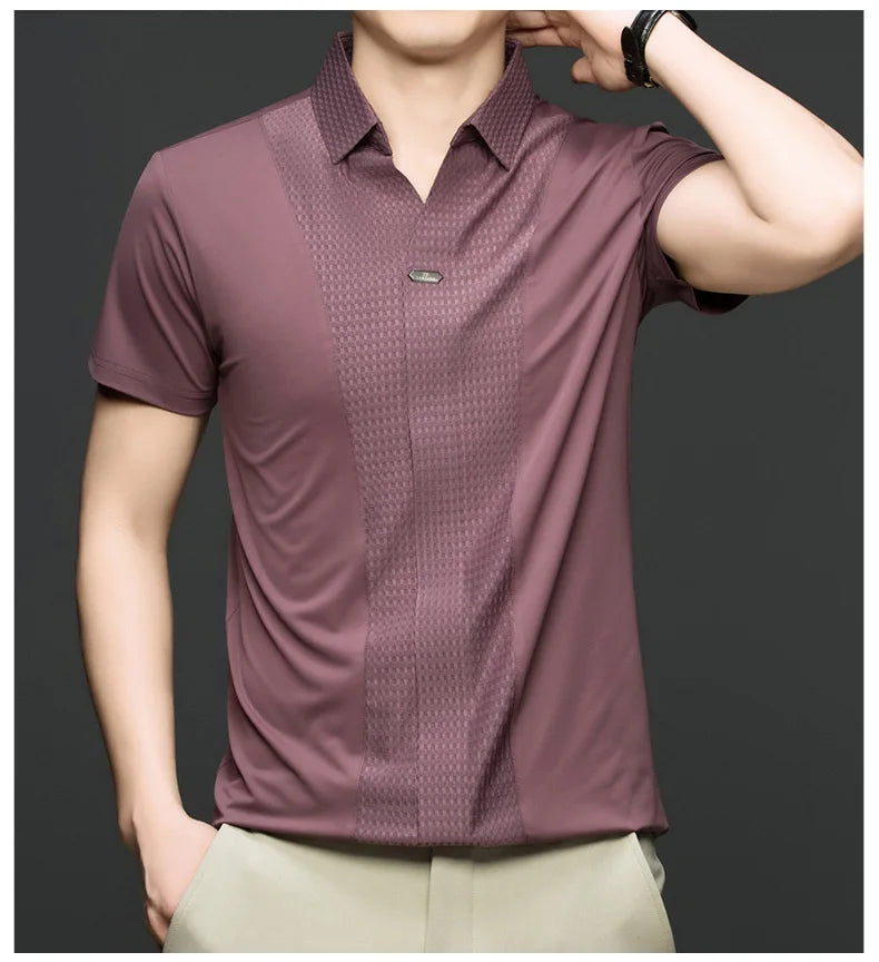 Personality jacquard splicing short sleeve Polo shirt men ice silk breathable high quality fashionable buttonless V-neck T-shirt