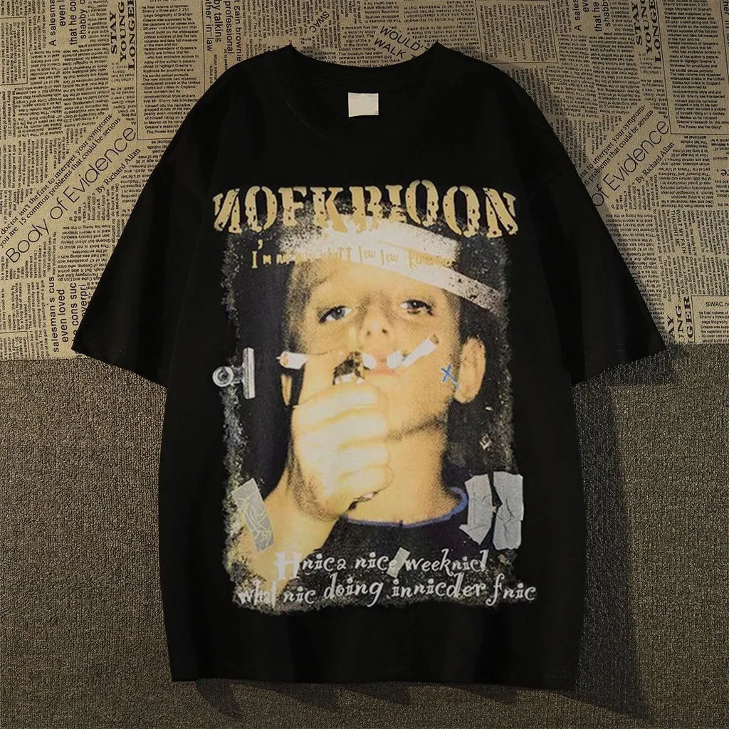 Fashion Hip Hop Smoking boy Print T-shirt Men Summer 100%Cotton Short Sleeve T-shirt Casual Y2k Top Cool Streetwear Men clothing