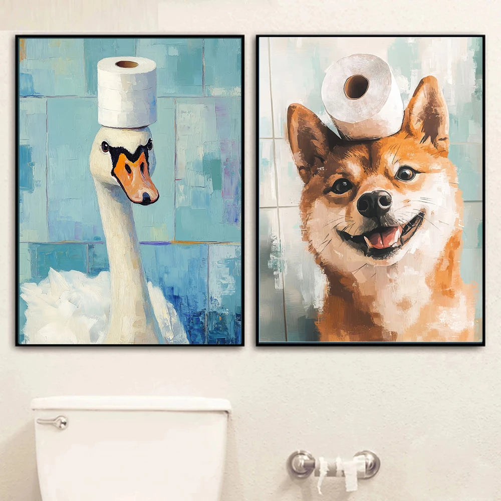 Giraffe Cat Raccoon With Toilet Paper Cute Animals Poster Print Canvas Painting Oil Bathroom Wall Art Funny Humor Home Decor