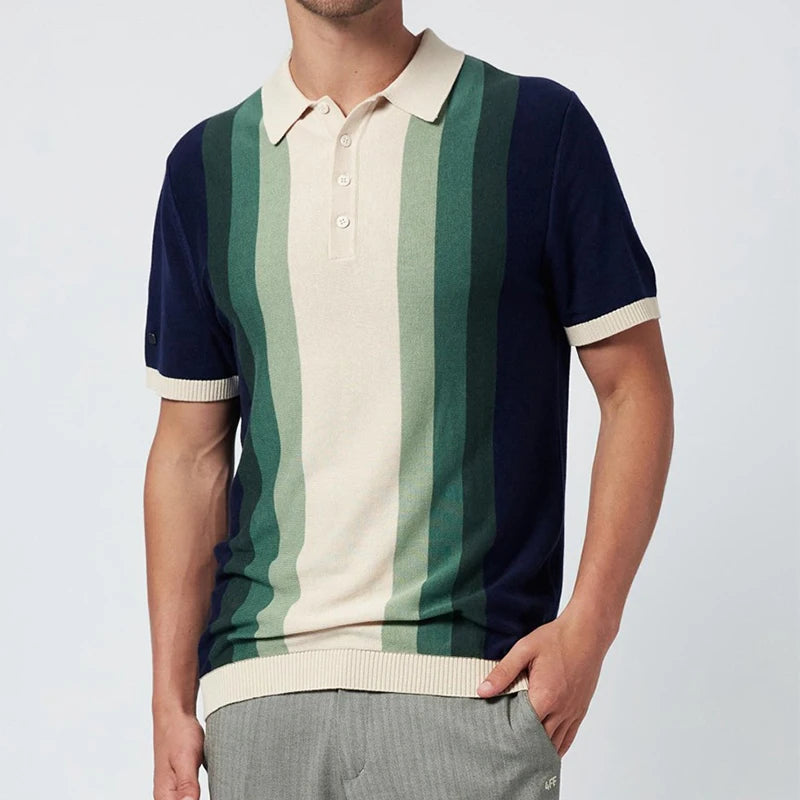 Vintage Patchwork Buttoned Lapel Mens Polo Shirts Knitting Short Sleeve Slim Fit Pullovers Men Summer Casual Knitted Polo Shirt