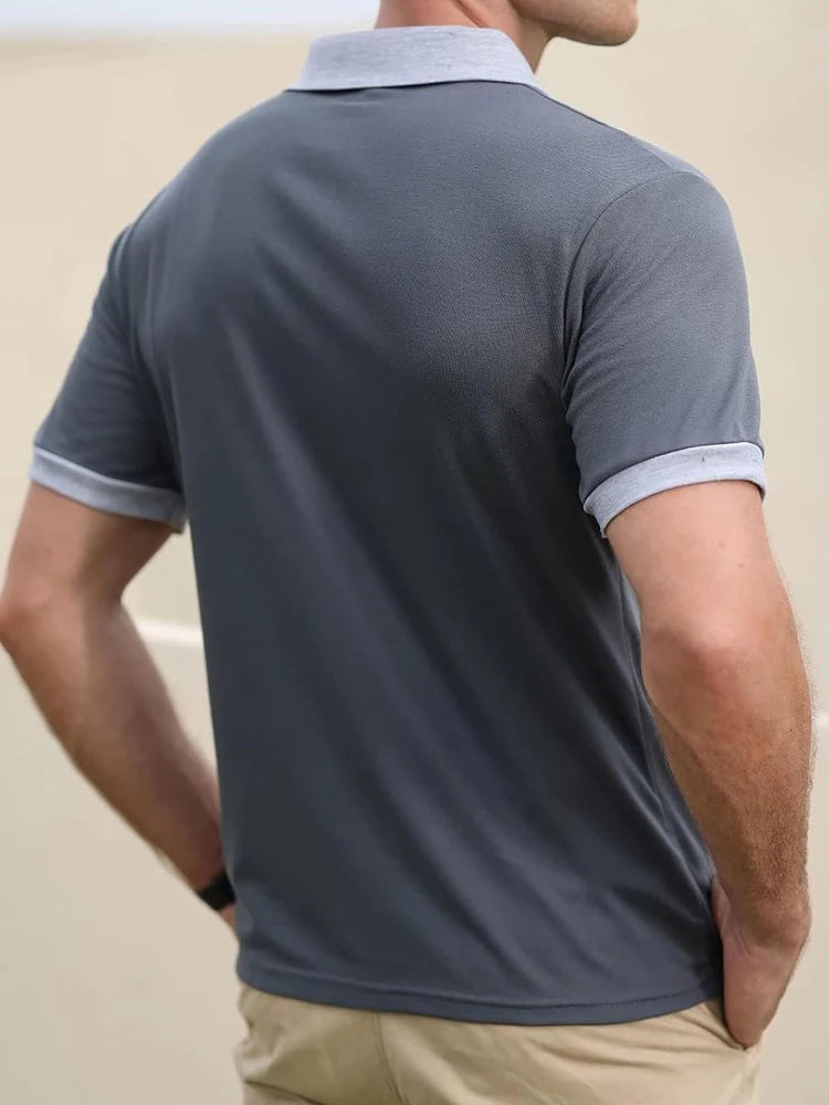 Summer Men's Polo Shirt Contrast Color Half Zipper Turn-down Collar Breathable Short Sleeve Tops Male Casual T-shirts