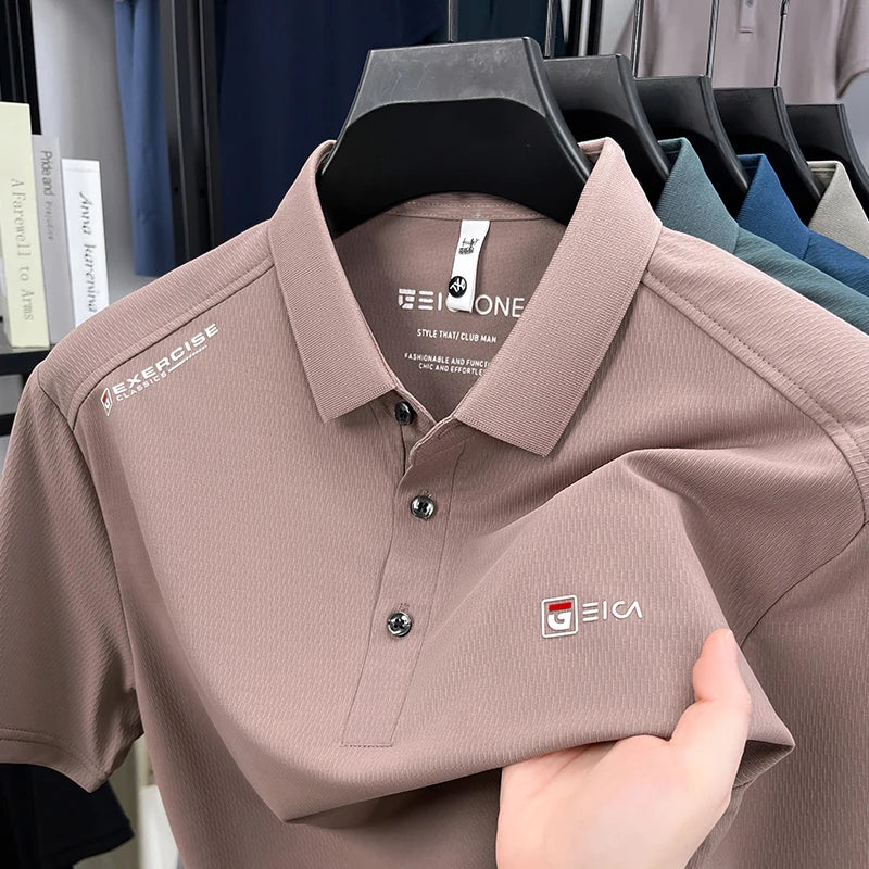 Luxury fashion men's short sleeve polo shirt summer new trend brand symbol embossed silky smooth loose breathable lapel T-shirt