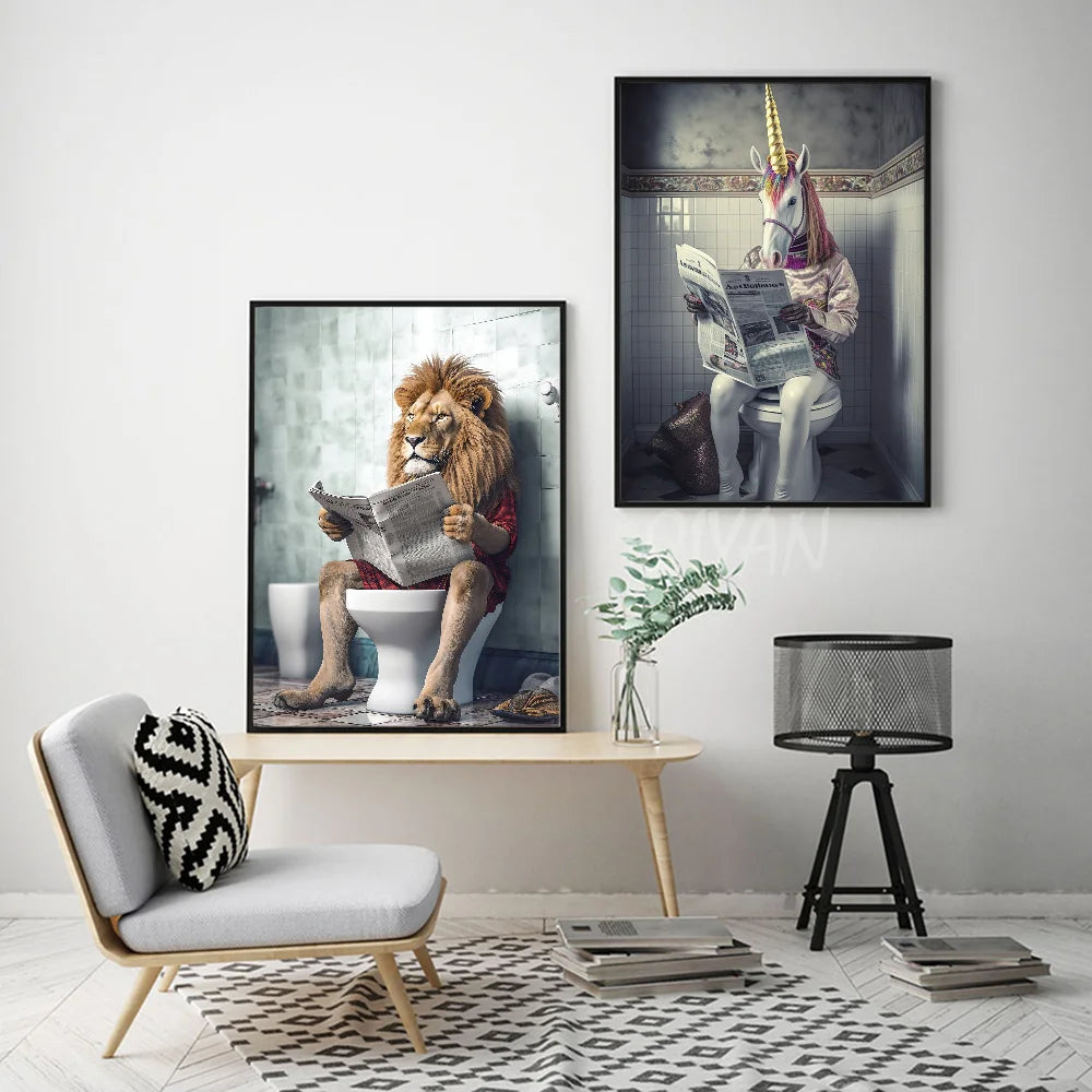 Funny Bathroom Humorous Animal Poster Self-adhesive Art Waterproof Paper Sticker Coffee House Bar Room Wall Decor
