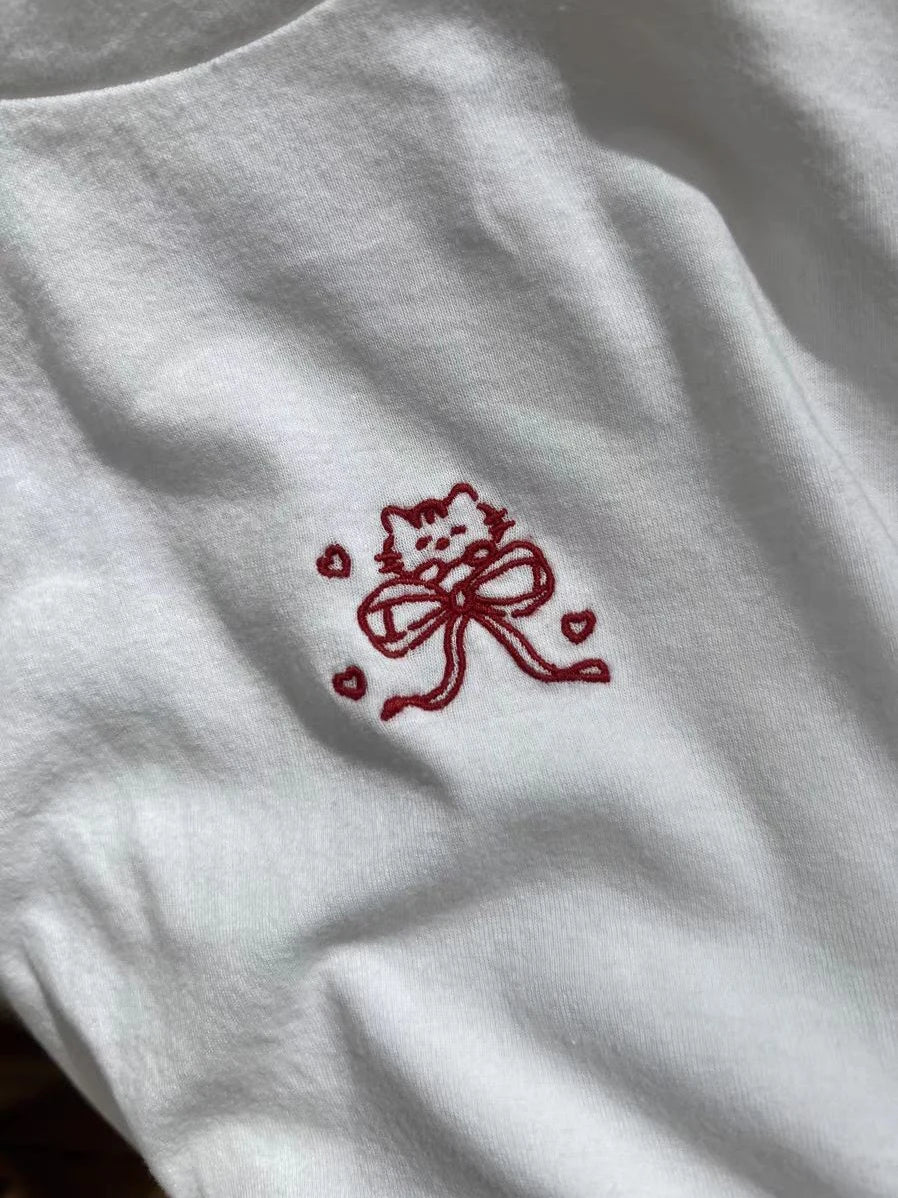 Cat with Bow Embroidery Slim T-shirt Woman Summer O-neck Short Sleeve Cotton Tee Shirt Female New Sweet Cartoon Tshirt Y2k Tops