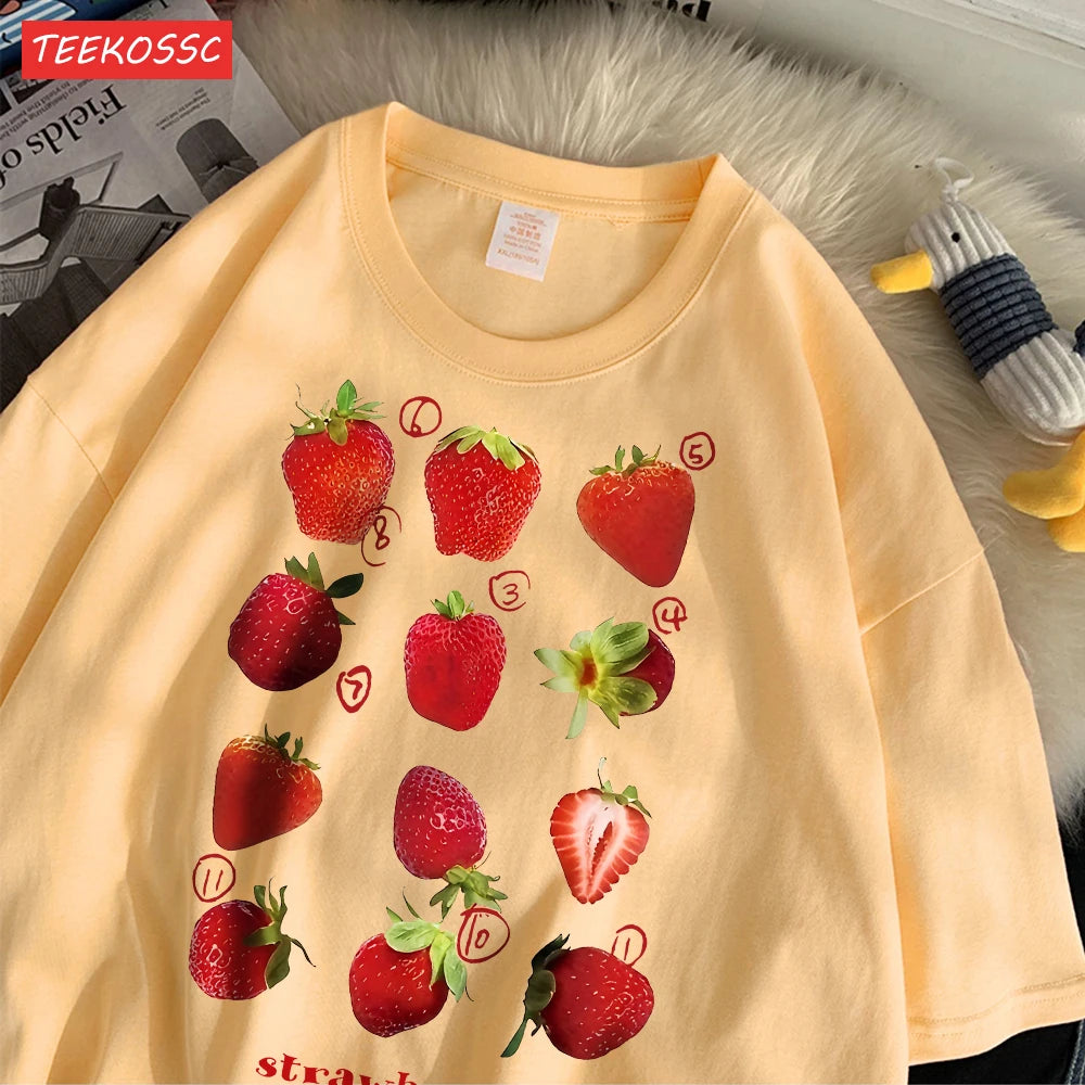 100% Cotton Women T-shirt Cute Fresh Strawberries Printed Tee Shirt Summer Comfortable Loose Tops Street Fashion Female Clothes