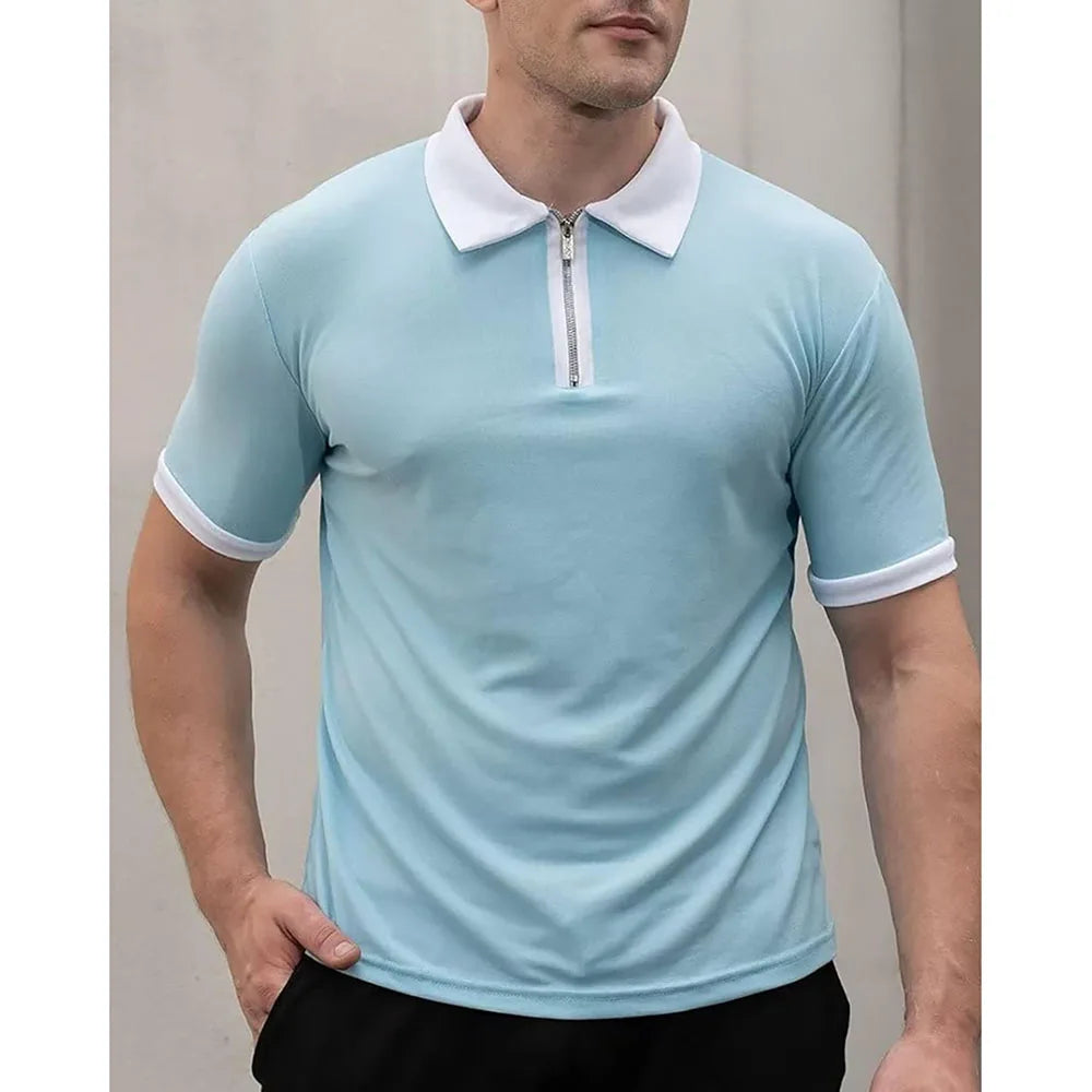 Summer Men's Polo Shirt Contrast Color Half Zipper Turn-down Collar Breathable Short Sleeve Tops Male Casual T-shirts