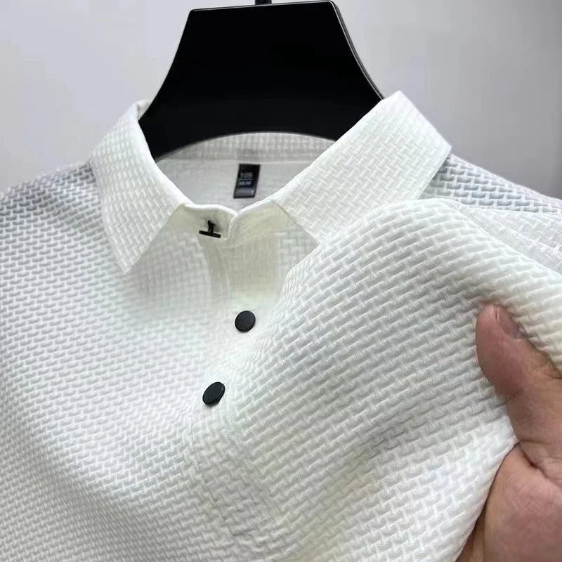 2025 Men's Business Casual Short Sleeved Bone Flower Solid Color POLO Shirt Fashion Breathable Comfortable Summer Versatile Top