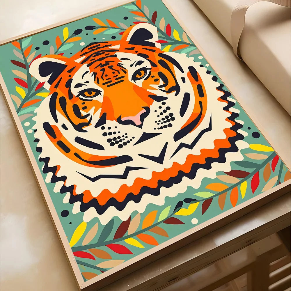 Wild Leopard Tiger Vase Flower Girl Power Poster Self-adhesive Art Waterproof Paper Sticker Coffee House Bar Room Wall Decor