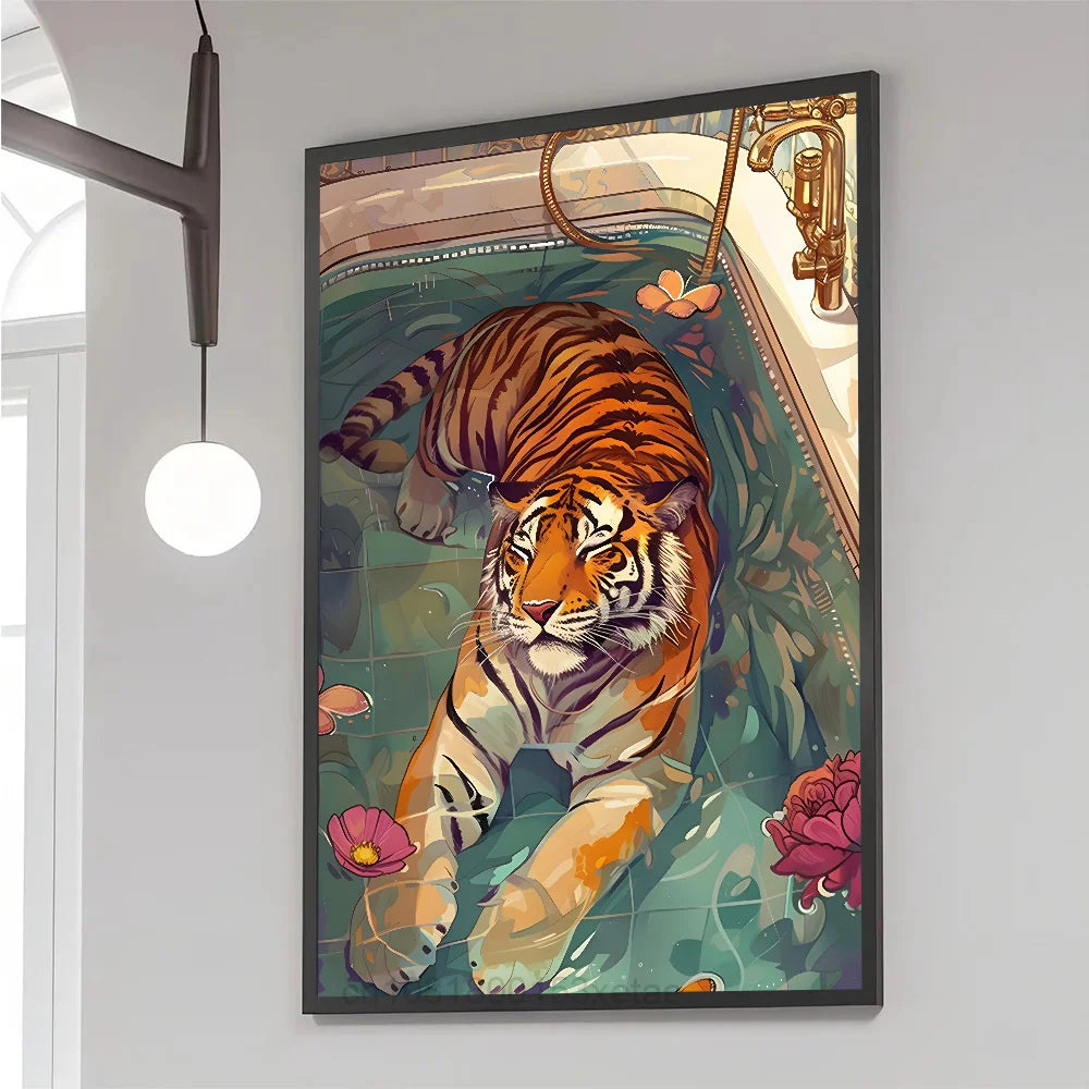 Colorful Bathtub Animal Tiger Zebra Black Cat Aesthetic Poster Paper Print Home Bedroom Entrance Cafe Art Painting Decoration