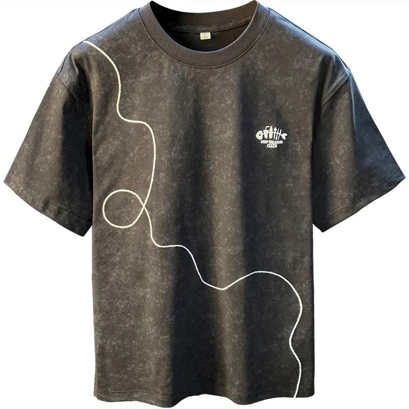 Embroidered printed short sleeved T-shirt for men in summer 2025, trendy and loose, snowflake print retro casual top