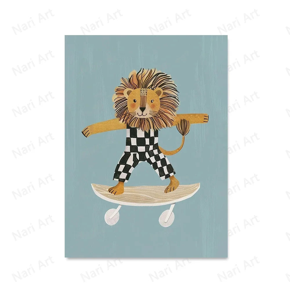 Funny Animals Rabbit Dog Cat Skateboard Posters Prints Wall Art Canvas Neutral Nursery Picture for Baby Kids Room Decor Unframed