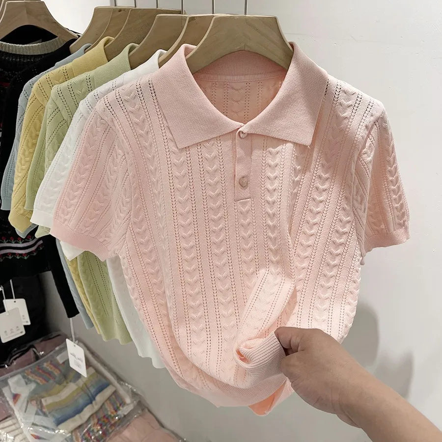 Summer Soft and Sticky POLO Collar Ice Silk Knitted Sweater for Women with A Niche Short Sleeved Design and Thin Top