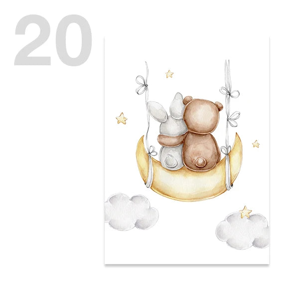 Watercolor Cute Teddy Bear and Rabbit Nursery Wall Art Posters and Prints Canvas Paintings Mural Pictures for Baby and Kids Room