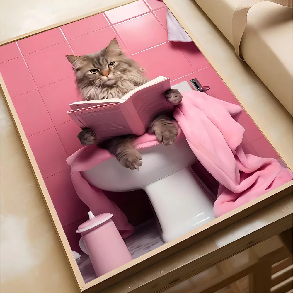 Funny Cute Animal Cat Sitting Toilet Bathroom Poster Self-adhesive Art Waterproof Paper Sticker Coffee House Bar Room Wall Decor