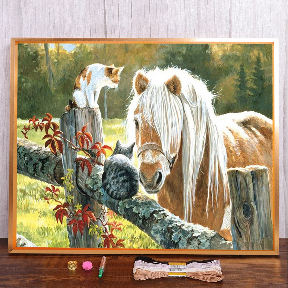 Animal Horse Printed Cross Stitch DIY Embroidery Set DMC Threads Needlework Sewing Handiwork Handicraft Floss Needle Room Decor