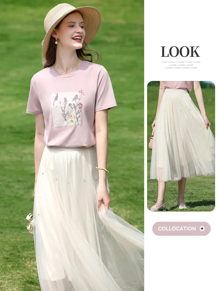 I BELIEVE YOU Women's Pink Top Heat Transfer Pattern Embroidery Round Neck Short Sleeve New Style Summer Chic T-Shirt 2252016049