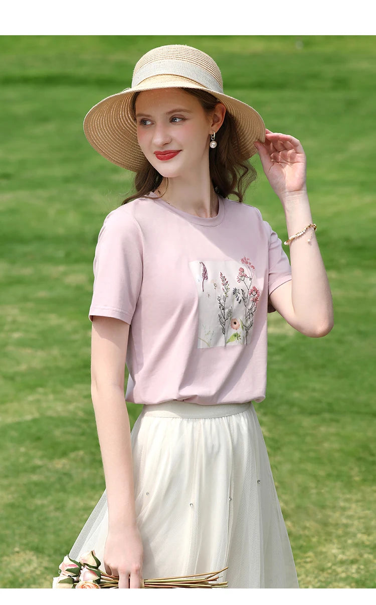 I BELIEVE YOU Women's Pink Top Heat Transfer Pattern Embroidery Round Neck Short Sleeve New Style Summer Chic T-Shirt 2252016049