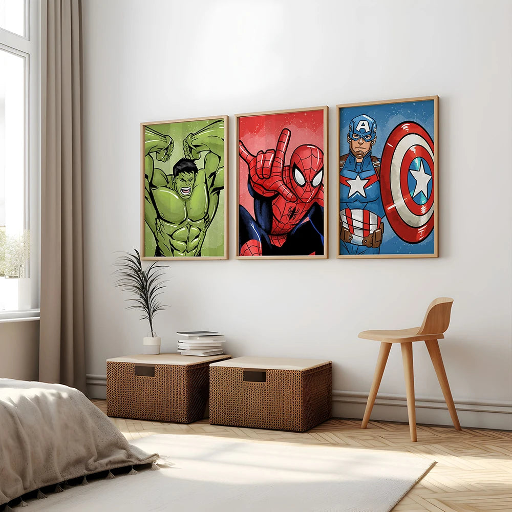 MINISO Poster Marvel Canvas Wall Art Print Mural Spider-Man Iron Man Captain America Cartoon Poster Home Decor Gift for Friends