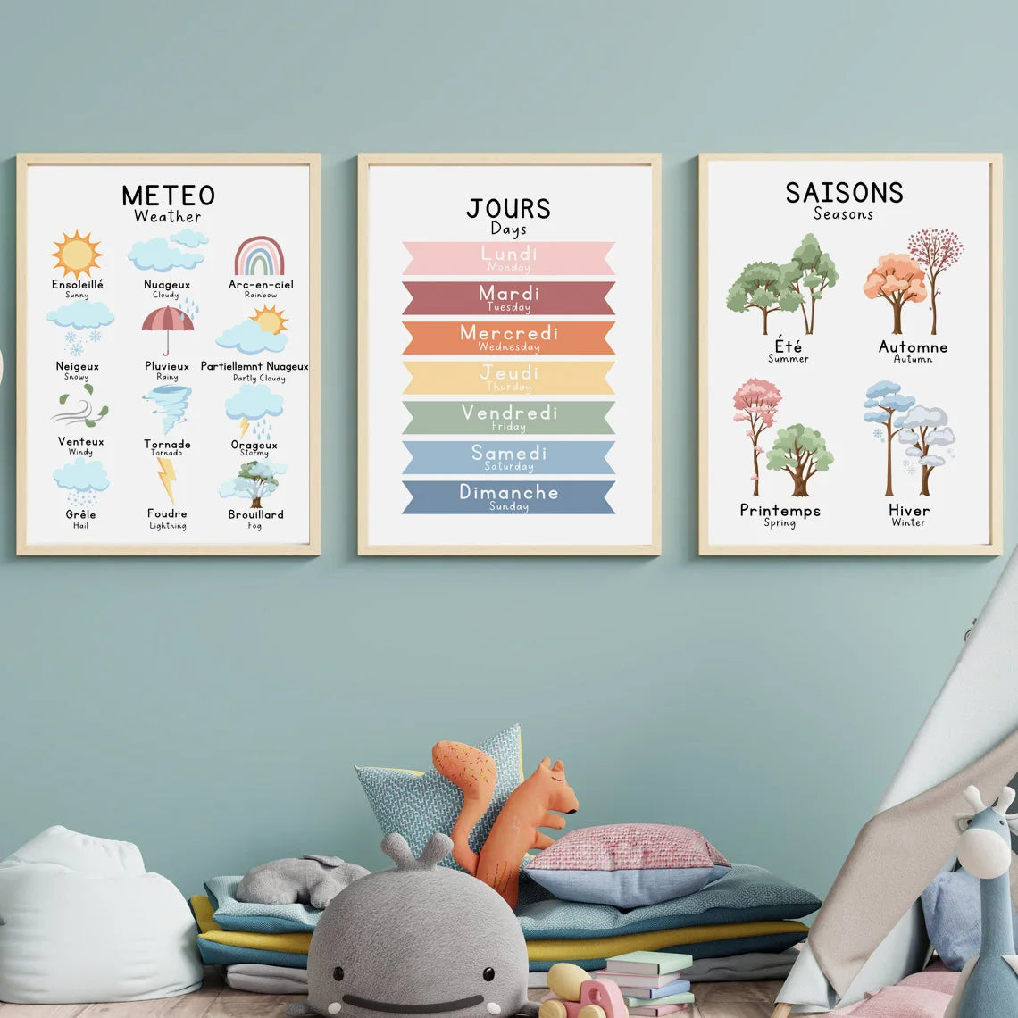 Bilingual French Educational Learn Number Alphabet Solar System Poster Print Wall Art Canvas Painting Kids School Room Decor