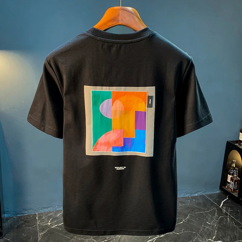 2025 Summer New Geometric Creative Printed Short sleeved T-shirt for Men, Comfortable, Versatile, Premium Embroidered Top