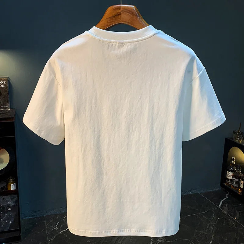 2025 Summer thin fashion high-end printed T-shirt men's 2025 trend embroidered paint splashed short sleeved top