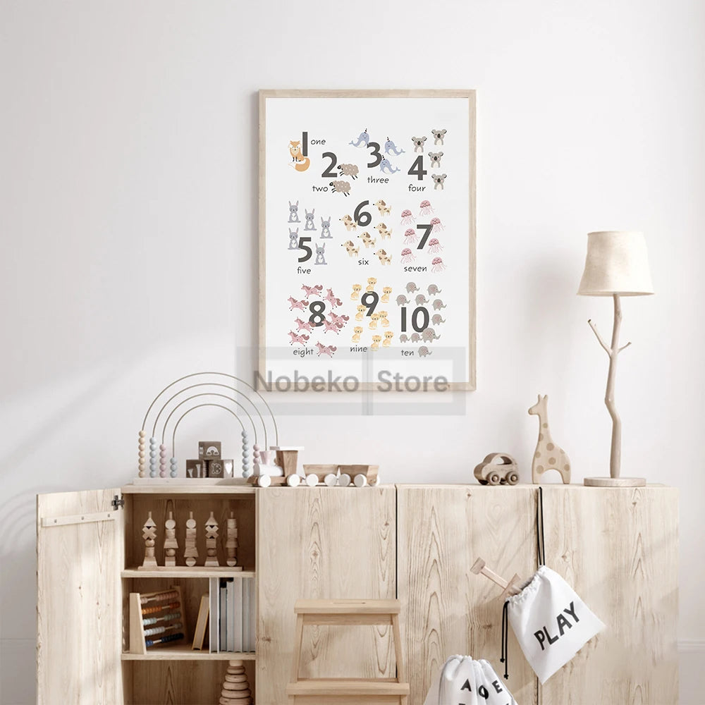 Animal Alphabet Educational Posters Watercolor Animals Prints Canvas Wall Art Pictures Neutral Nursery and Playroom Decoration