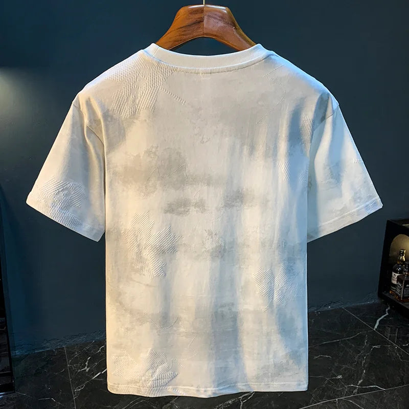 High end embroidered men's short sleeved shirt, summer high-density T-shirt, halo printed loose half sleeved shirt
